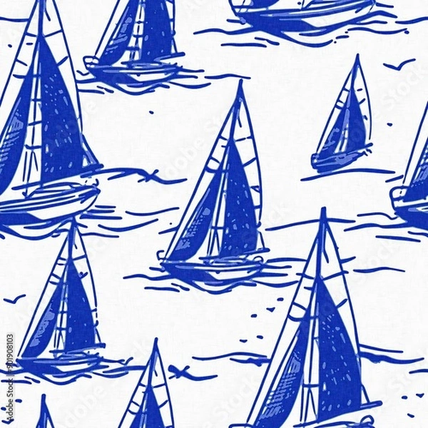 Obraz Coastal sail boat in azure ocean blue seamless background, Modern sailing race boat block print for decorative coast interior furnishing fabric . Rustic linen beach cottage trend tile. 