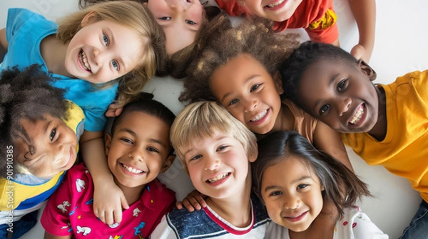Fototapeta A group of children are smiling and hugging each other in a circle