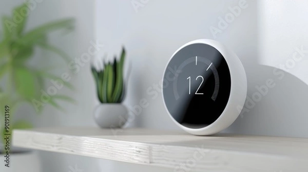 Fototapeta A close-up of a smart thermostat installed in a modern, energy-efficient home