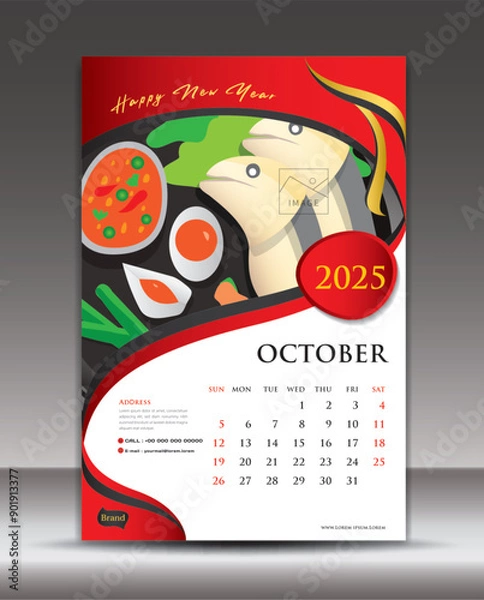 Fototapeta Calendar 2025 template food concept vector, October template, Desk Calendar 2025 vector design, Wall calendar 2025 year, printing media, poster, brochure flyer vector, red background