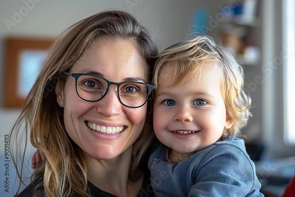Obraz photo of a mother and child wearing glasses and smiling after their eye exam, highlighting the importance of family eye care and protection.