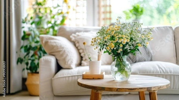 Fototapeta A beautifully arranged floral centerpiece sits on a white outdoor couch, surrounded by lush greenery and a peaceful lake view in bright daylight