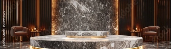 Fototapeta Elegant marble interior with stylish seating and warm lighting, creating a luxurious and sophisticated ambiance.