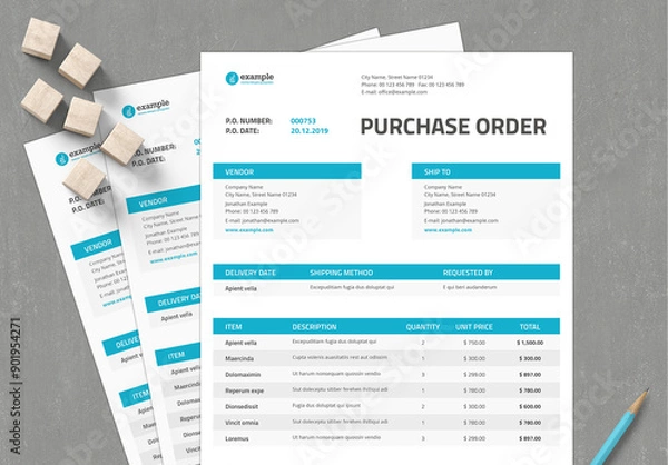 Fototapeta Purchase Order Template with Tabular Layout and Light Blue Headers