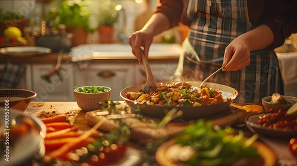 Fototapeta Cozy Kitchen Table Scene with Individual Enjoying a Nutritious Homemade Meal, Emphasizing the Joy of Eating