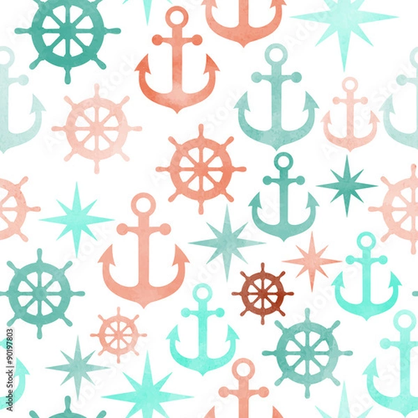 Fototapeta watercolor seamless pattern with sea anchors, helm, wind rose navigator