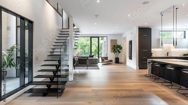 Fototapeta Open-riser staircase with sleek black treads 