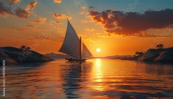 Fototapeta Image of a lonely ship on a river in the desert at sunset