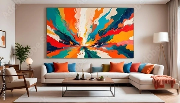 Fototapeta Modern living room with a big colorful painting hanging on the wall..