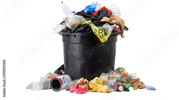 Fototapeta Pile of garbage isolated on transparent background, png file white background. Pераforated card with trash and waste. Waste soil e masking tape. In carton box plastic jar. garbage pile in bin or black