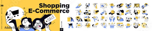 Fototapeta Shopping and ecommerce concept illustrations. Vector illustrations of online shopping, ecommerce, sale, social media, internet marketing, online store, for graphic and web design.