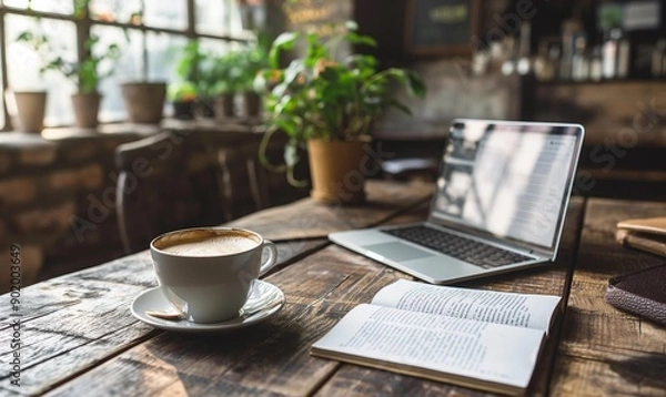 Fototapeta cozy workspace with a cup of coffee on a rustic wooden table, accompanied by an open book and a laptop. The background is filled with potted plants on a window ledge, creating a serene productive .