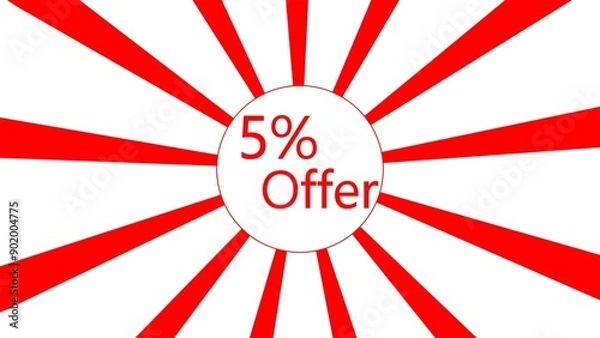 Fototapeta 5% offer red lines sunburst rotating on white background.