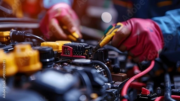 Fototapeta Technician carefully inspecting and repairing the car battery in an auto repair shop, highlighting the importance of regular maintenance