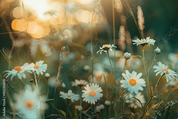 Obraz A close-up of small daisies in the foreground, with more blurred white flowers and green grasses behind them The background is bokeh that suggests an open field or meadow Generative AI