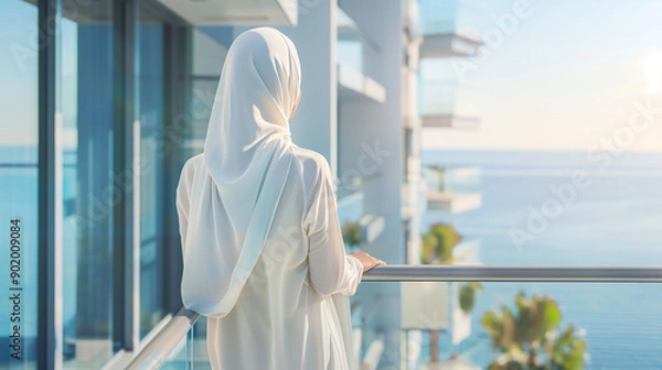 Fototapeta Elegant Woman in Hijab Enjoying Coastal View from Modern Balcony. Luxurious and peaceful environment, a high-end residential or hotel area.