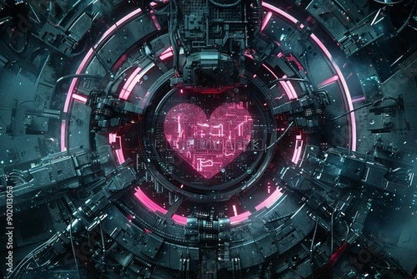 Fototapeta Sci fi heart in a high tech chamber with neon lights and mechanical elements showcasing advanced design