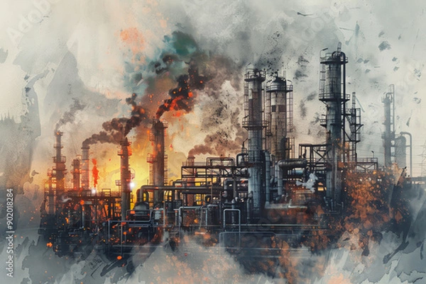 Obraz A painting of a factory with smoke coming out of it