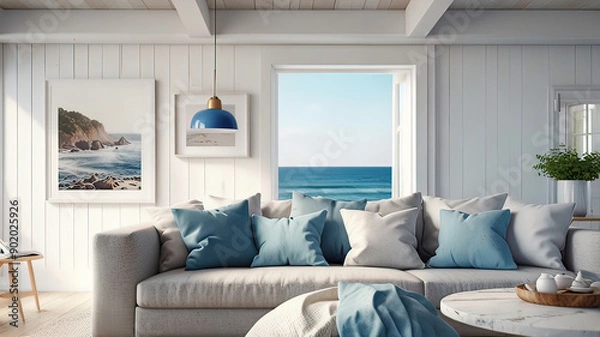 Fototapeta coastal living room interior background, house layout, hotel room by the sea