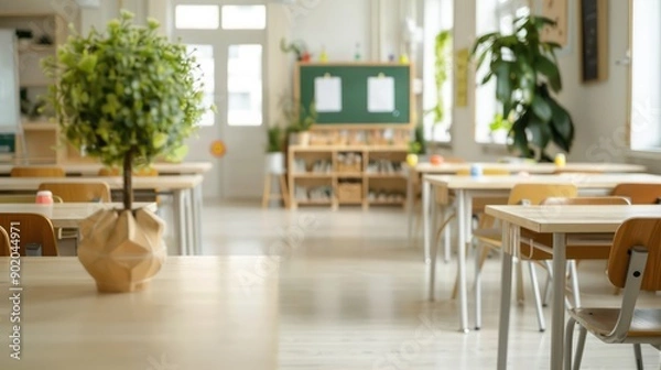 Fototapeta A classroom with a green plant on a table and a green board on the wall. The room is empty and has a clean, organized look