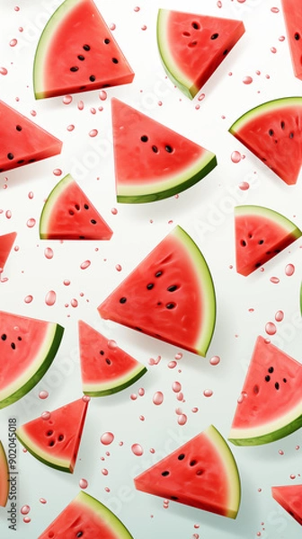 Fototapeta Sliced ​​Watermelon with Water Splashes, Abstract Image, Texture, Pattern Background, Wallpaper, Cover and Screen of Smartphone, Cell Phone, Computer, Laptop, 9:16 and 16:9 Format