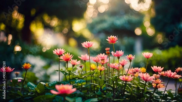 Fototapeta Springtime blurred bokeh on a peaceful garden and flower meadow