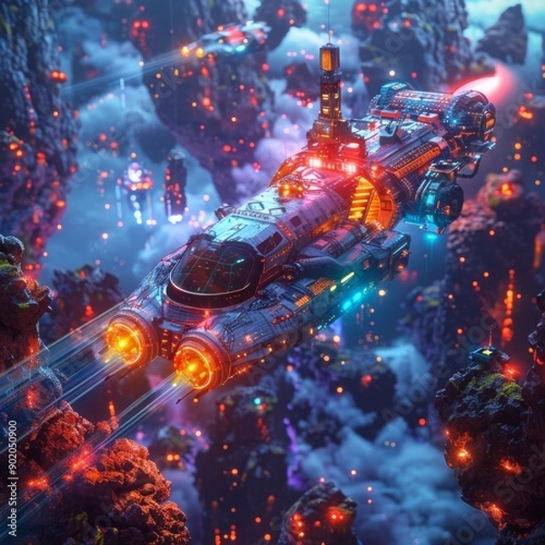 Fototapeta Neon Odyssey: Futuristic Spaceship Landing on Vibrant Asteroid with Holographic Mining Equipment in Background