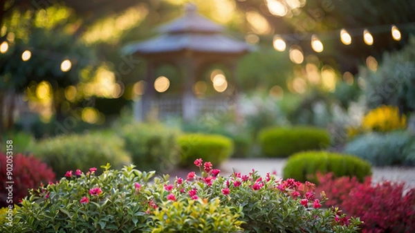 Fototapeta Springtime blurred bokeh on a peaceful garden and flower meadow