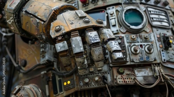 Fototapeta Intricate Close-Up of Halloween Robot Costume's Control Panel With Detailed Mechanisms