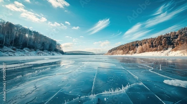 Obraz Blue ice and cracks on the ice surface and frozen lake under blue sky in winter
