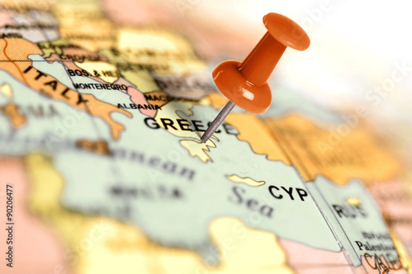 Fototapeta Location Greece. Red pin on the map.