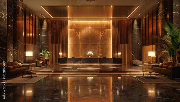 Fototapeta Sleek hotel lobby with recessed lighting