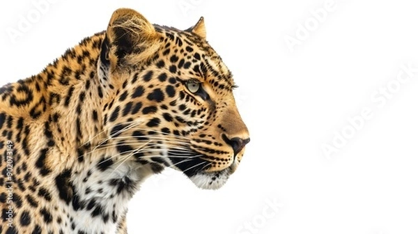Fototapeta Portrait of leopard standing a looking away proudly Panthera pardus against white background : Generative AI