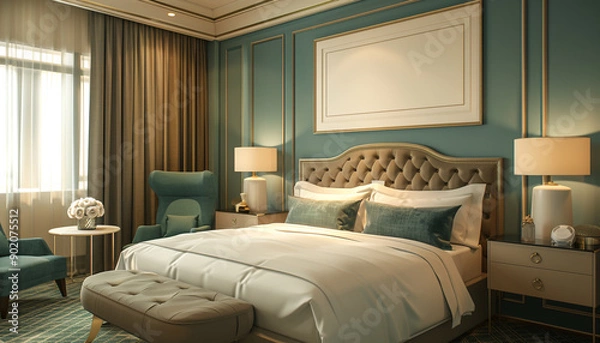 Fototapeta Sleek hotel room with open layout with empty frame