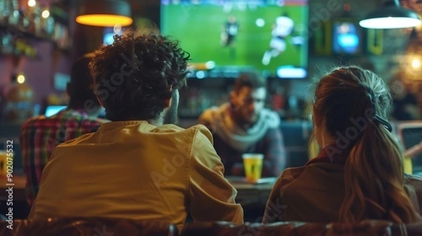 Fototapeta Young People Watching Football on TV in the Bar Friends watches football on TV in a sport bar Rear View of Friends Watching Game in Sports Bar on Screens EnrouteFrance : Generative AI