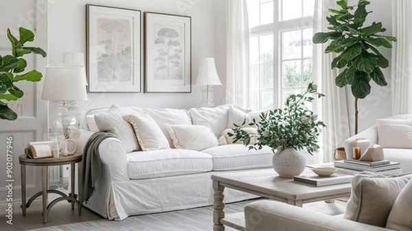 Fototapeta Serene White Living Room: Minimalist Design with Fiddle Leaf Fig, White Sofa, and Botanical Prints