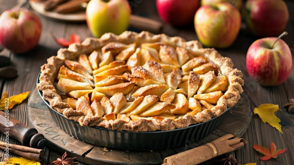 Fototapeta 焼き上がった美味しそうなアップルパイをリアルに描いたAI生成画像