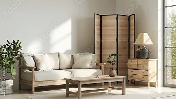 Fototapeta Light living room with folding screen comfortable sofa coffee table and chest of drawers : Generative AI