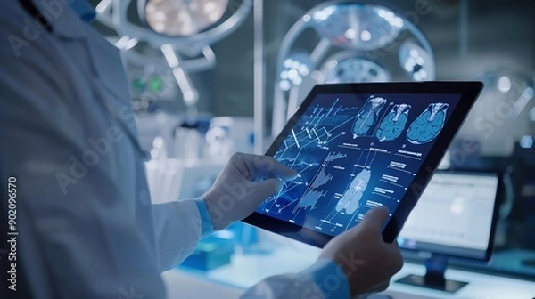 Fototapeta Hospital telehealth and man doctor with tablet for patient diagnosis review charts or consultation Online wellness and physician with tech for healthcare medical analysis or schedule s : Generative AI