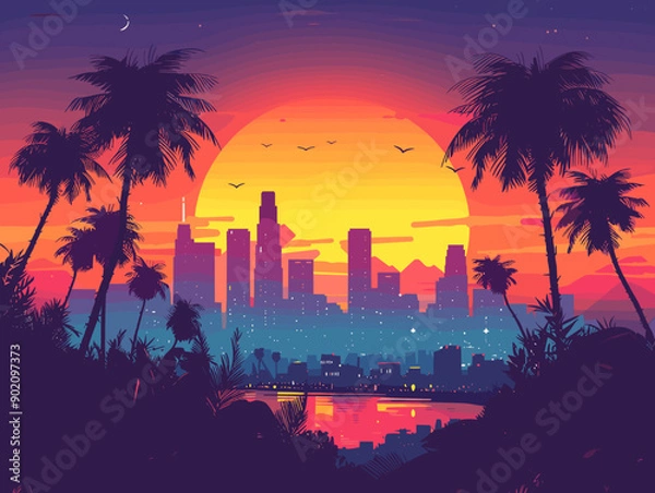 Obraz vector illustration of Los Angeles sunset with skyscrapers and palm trees in the background.