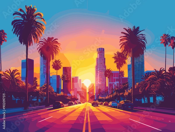 Obraz Los Angeles Cityscape with palm trees and road at sunset. Vector illustration