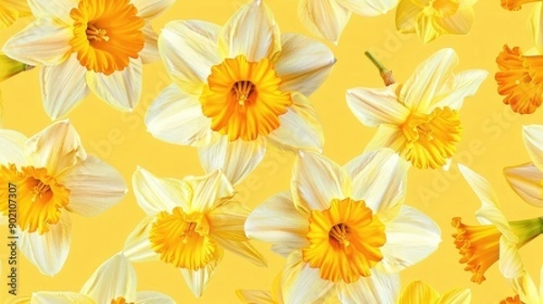 Fototapeta Bright seamless pattern of cheerful daffodils.