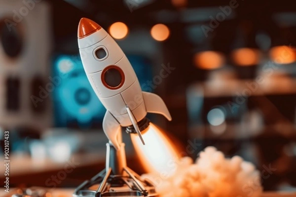 Obraz Model Rocket Taking Off with Glowing Flames