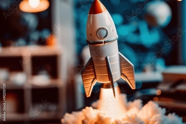 Fototapeta Toy Rocket with Bright Flames in Room