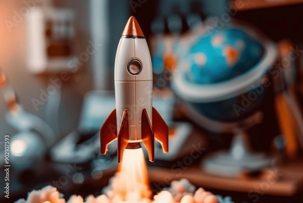 Fototapeta Toy Rocket Launch in Room with Earth Globe