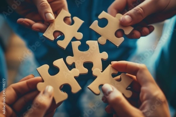 Fototapeta Teamwork on Puzzle Solution in Business