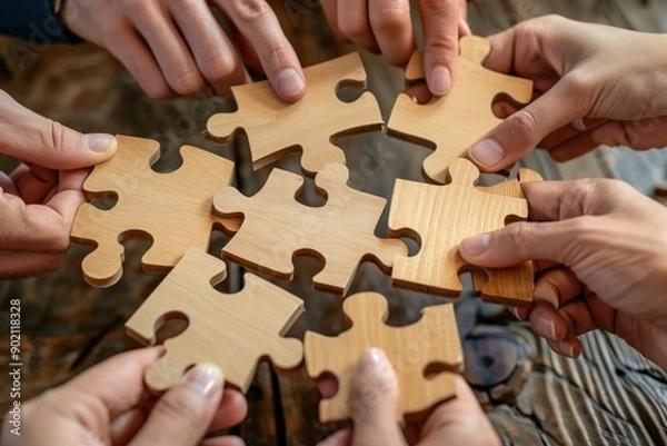 Fototapeta Team Collaborating on Puzzle Solution