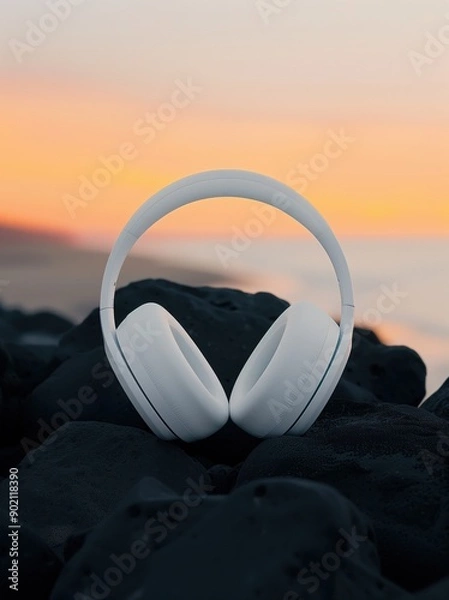 Obraz Modern White Headphones at Sunset