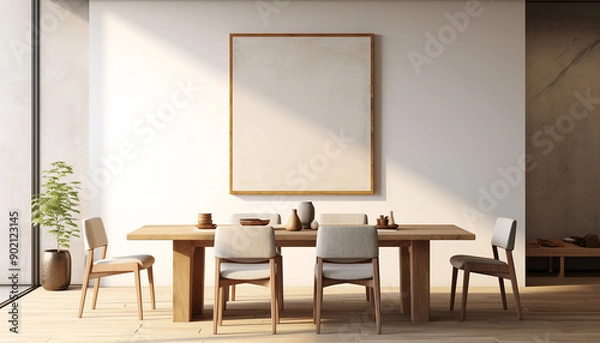 Fototapeta Spacious minimalist dining room open space with empty frame