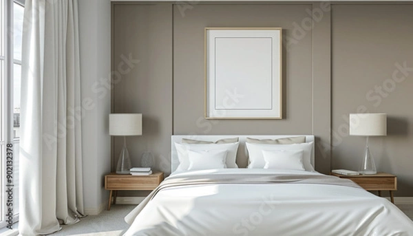 Fototapeta Stylish modern hotel room with neutral tones with empty frame